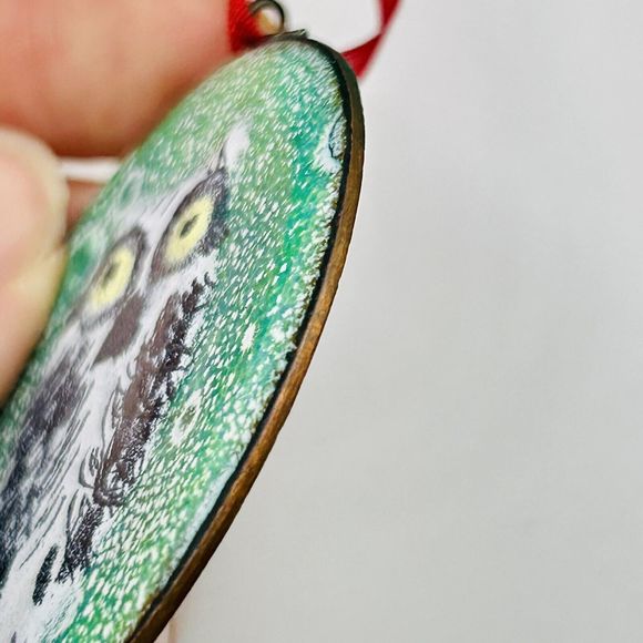 Vintage Owl Pendant Enamel on Copper Handmade Green 2 inches - Picture 6 of 7